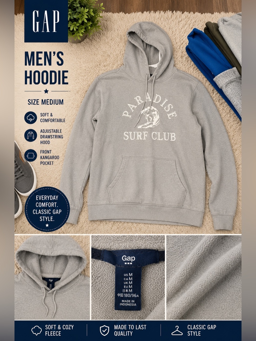 GAP Men's Light Gray 'Paradise Surf Club' Pullover Hoodie